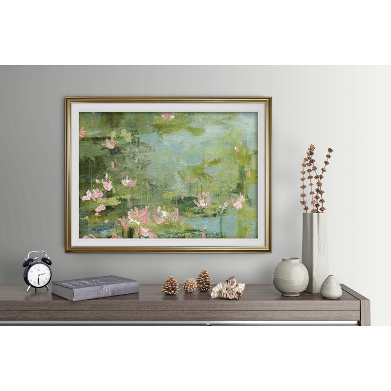 " Celadon Waterlilies II ", 28" H x 38" W x 1.5" D, Gold