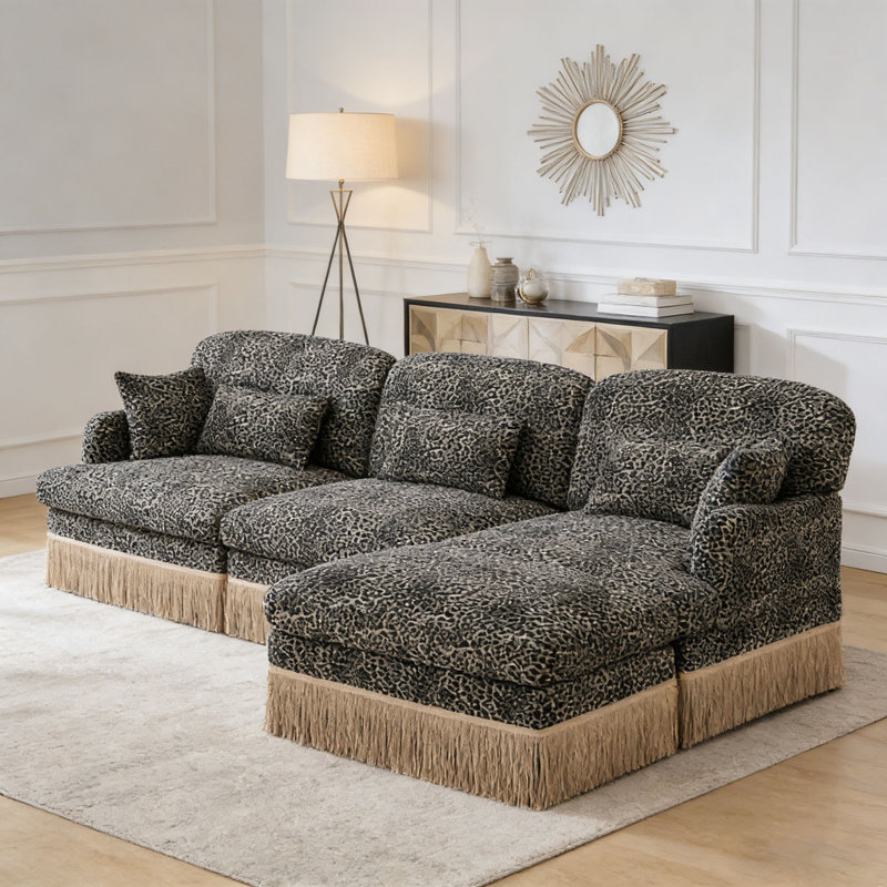 Comfy Chenille Leopard Printing Sofa,Delicate Tassel Edge,Movable Ottomans,Modern Fashion Style, khaki+3seat+1Ottomans