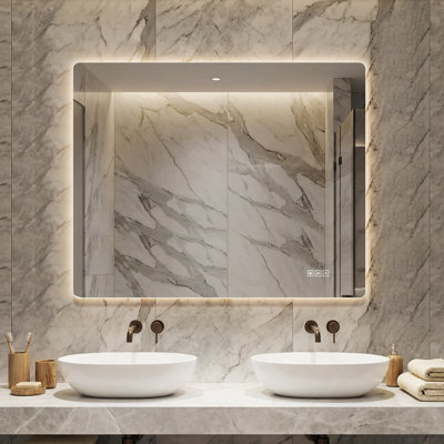 Miroir de salle de bain 36 * 30 "avec lumières à DEL avant et rétro-éclairé, miroirs de salle de bain anti-buée pour montage mural, 3 couleurs et 5 niveaux à intensité variable, horizontal / vertical