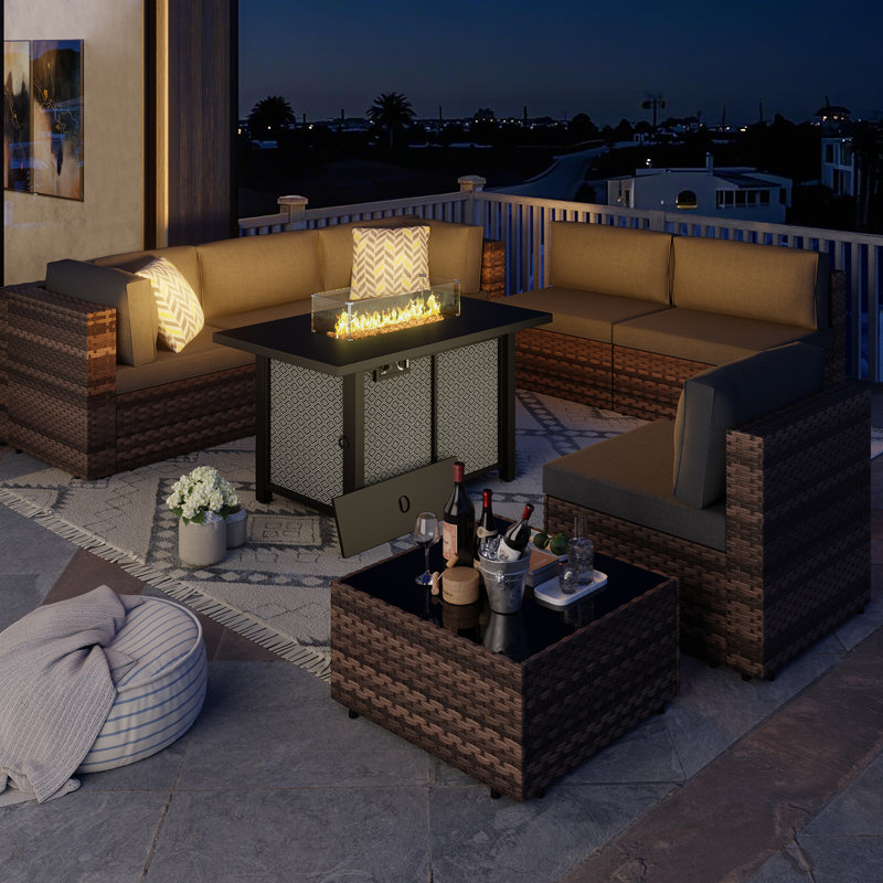 Emanie 6-Person Wicker Outdoor Seating Group with Cushions and Fire Pit, Brown, Gray
