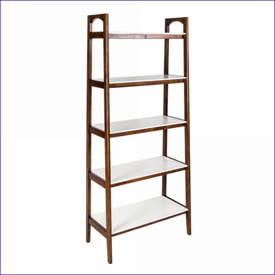 Bibliothèque, panneau de fibres à densité moyenne blanc cassé 5 tablettes Mid-Century Structure en bois d'hévéa pacane | L 31 po x P 16 po x H 73 po