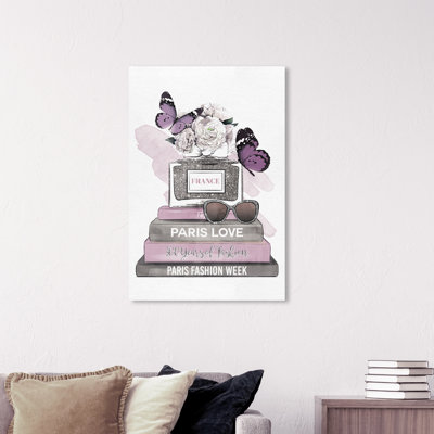 Fleurs avec livres et papillons lavande - impression sur toile