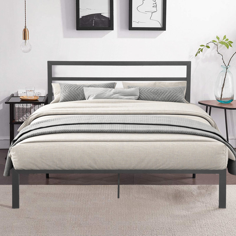 Structure de lit moderne en métal gris anthracite moderne - construction solide, fonctionnement silencieux, structure facile à assembler, espace de rangement sous le lit, compatible avec tous les matelas, sans sommier, support de poids de 600 lb