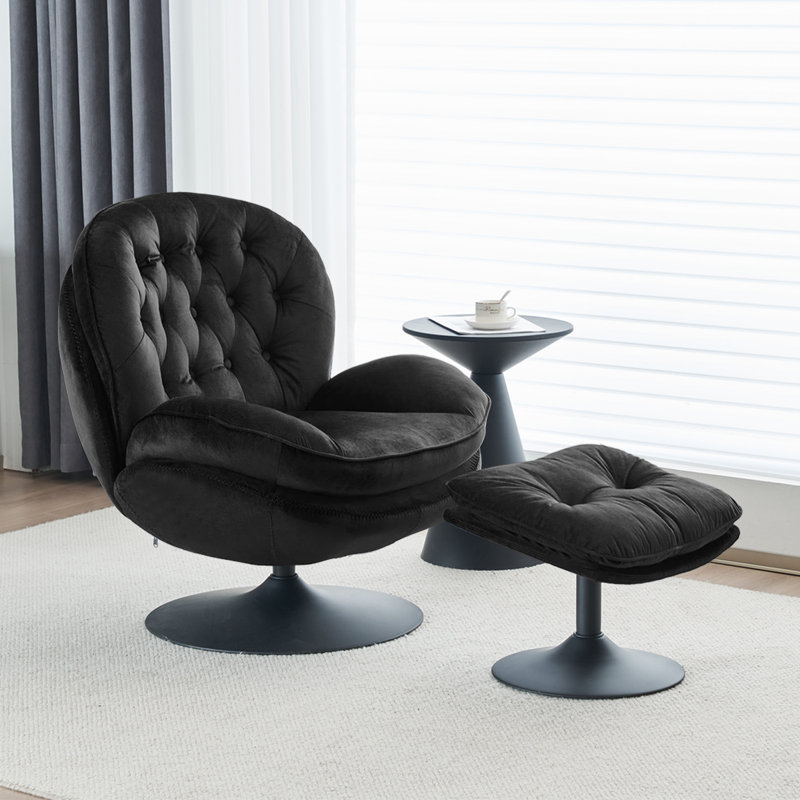 Zenon Velvet Swivel Accent Chair with Ottoman, Black Velvet