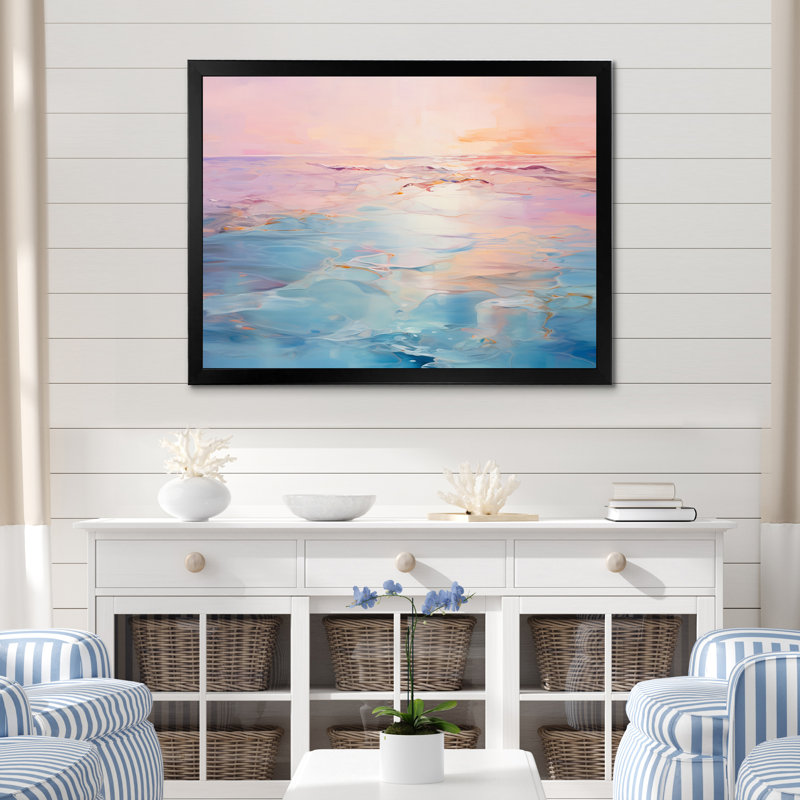 Rose et bleu pastel coucher de soleil - vagues côtières, art mural, H 34 po x l 44 po x P 1,5 po, Cadre photo noir simple