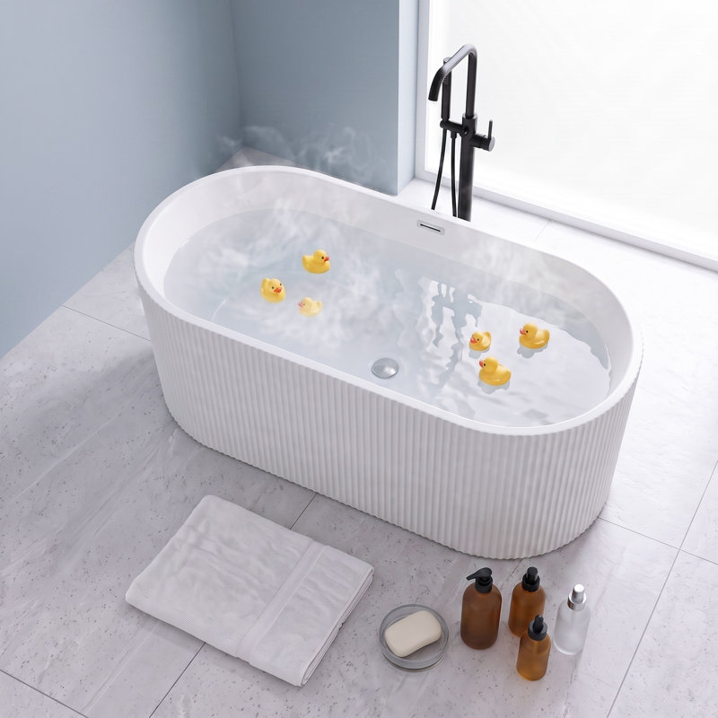 Baignoire autoportante moderne en acrylique linéaire de 150 x 76 cm avec trop-plein et bonde rétractable, certifiée CUPC, blanc brillant
