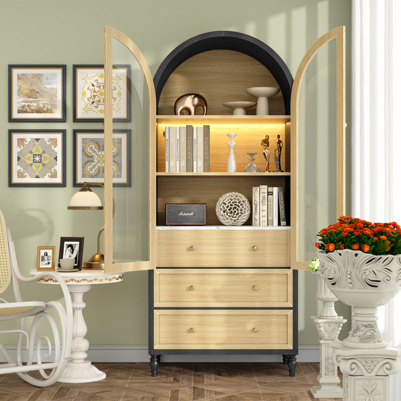 73" Tall Arched Cabinet With Acrylic Door, Display Modern Farmhouse Cabinet With Led Light & Adjustable Shelves, 3-tier Varsatile Arched Bookcase For Living/dining Room, Black & Brown