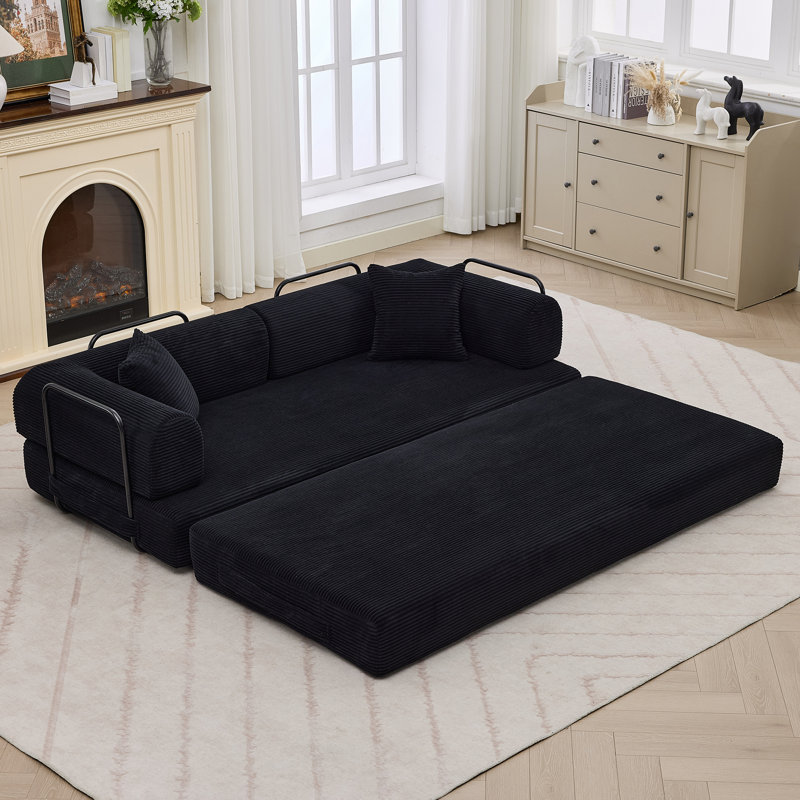 4-in-1 Convertible Corduroy Sofa Bed, Folding Futon Couch with Pillows, King Size Floor Sleeper, Black