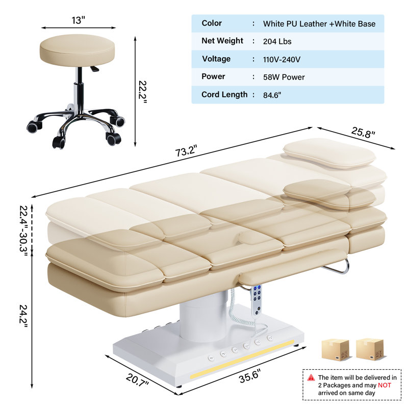 3-Motor Professional Electric Massage Table with Adjustable Height, Backrest & Leg Rest, Remote & Foot Control, Included 360° Swivel Height-Adjustable Stool