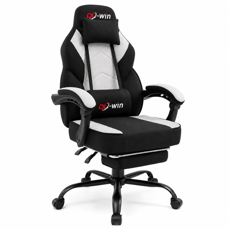 Adjustable Reclining Ergonomic Fabric Gaming Chair with Footrest and Lumber Support, Black
