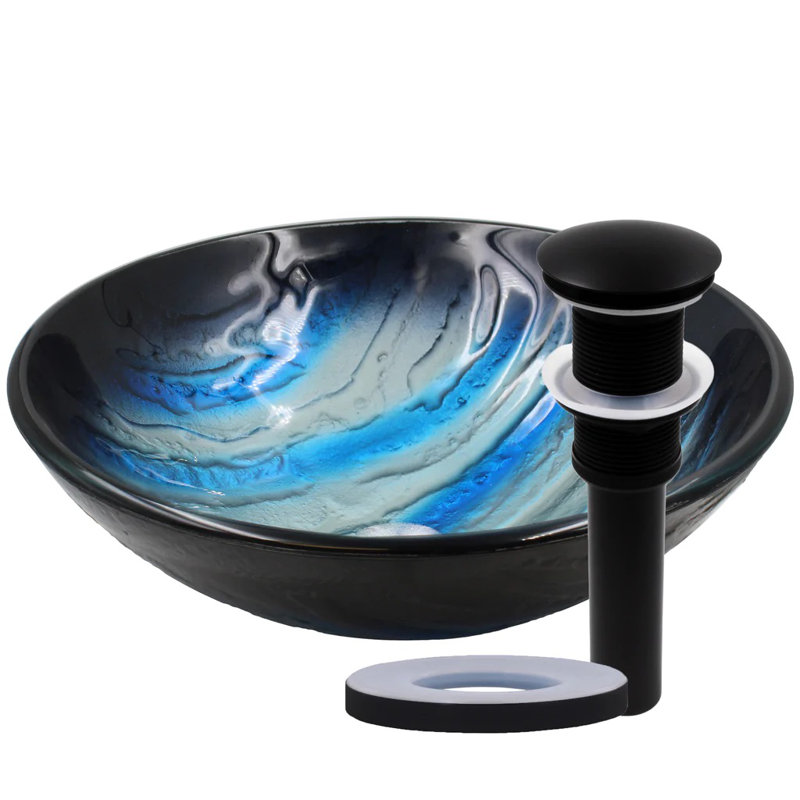 Novatto 16.5'' Glass Circular Bathroom Sink with Faucet, Matte Black