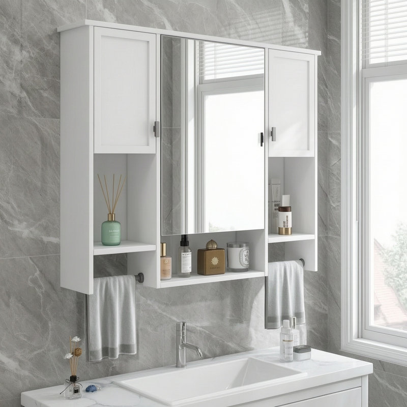 Armoire de rangement murale moderne avec barre à serviettes, Blanc