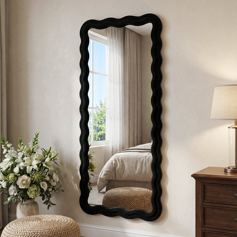 Irregular Wavy Full Length Mirror with Flannel Wrapped Frame, 69" x 26", Black