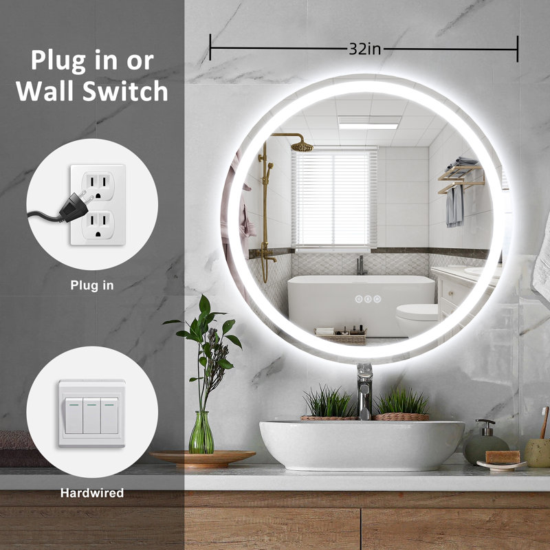 Miroir de salle de bain moderne rond sans cadre, en verre trempé, antibuée et à intensité variable, certifié ETL et doté d'une LED.