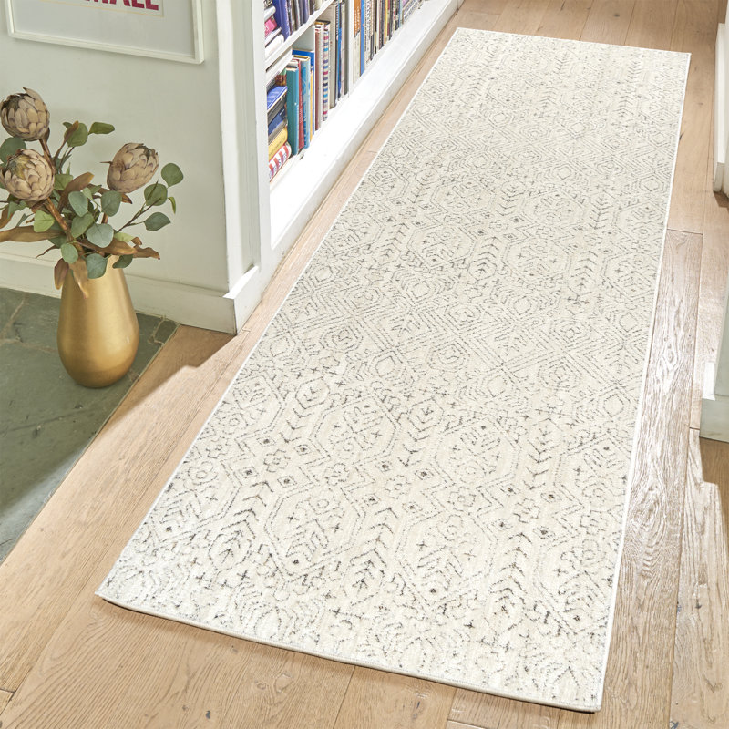 Cream and Gray Synthetic Easy Care Runner Rug