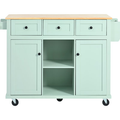 Grey Blue Kitchen Island With Adjustable Shelves & Drop, 5 Wheels, Cart Drop Countertop, For Functional Home Storage