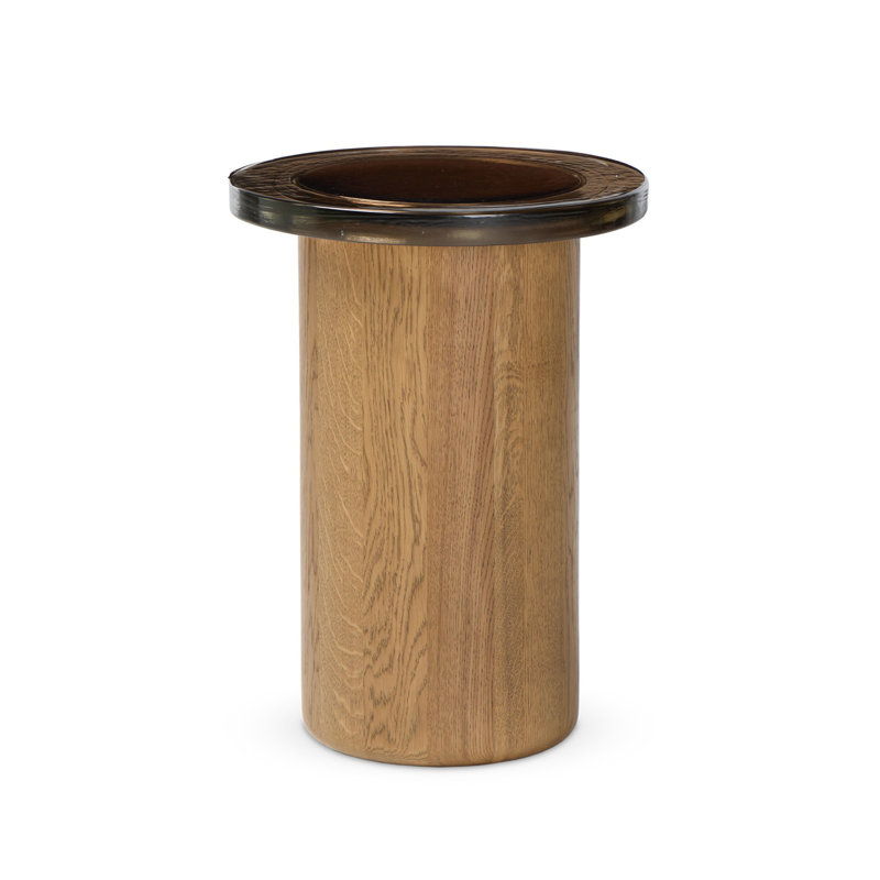 Shira Small End Table-Light Brown Oak, Smoked Brown Cast Glass