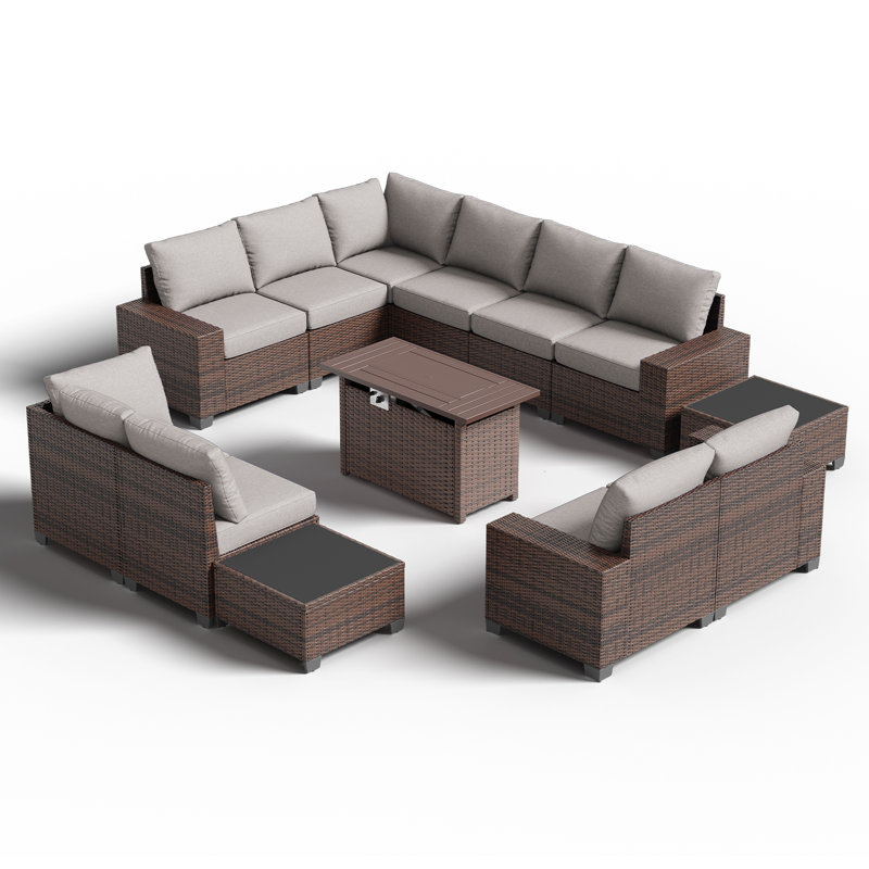 10 - Person Rattan Outdoor Conversation Sets With Fire Fit Table, Gray