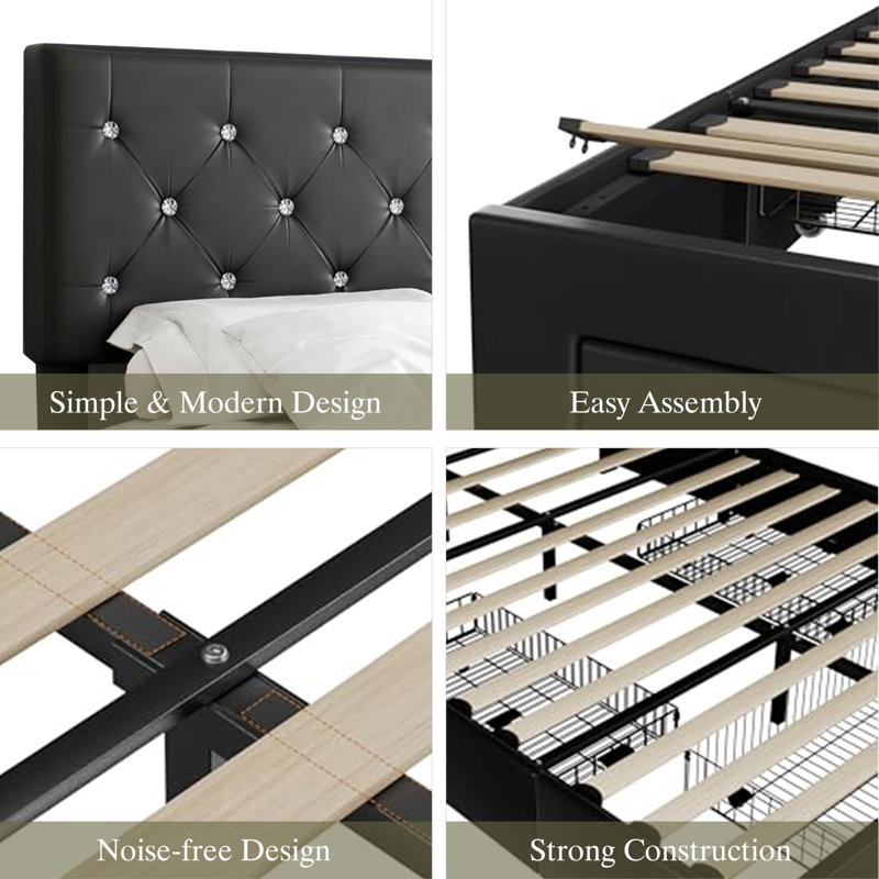 Structure de lit double moderne en cuir synthétique avec tête de lit capitonnée réglable, Lit double, Noir