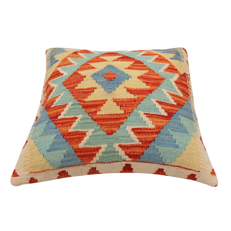 Coussin Boho Chic Hume, Bleu, jaune et orange, H 18 po x l 19 po