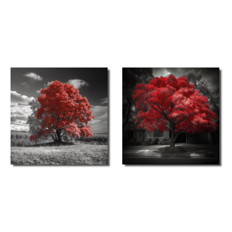 Red Tree Blossom Haven - Ensemble de 2 collages carrés à motif floral, H 16 po x l 33 po, Toile tendue