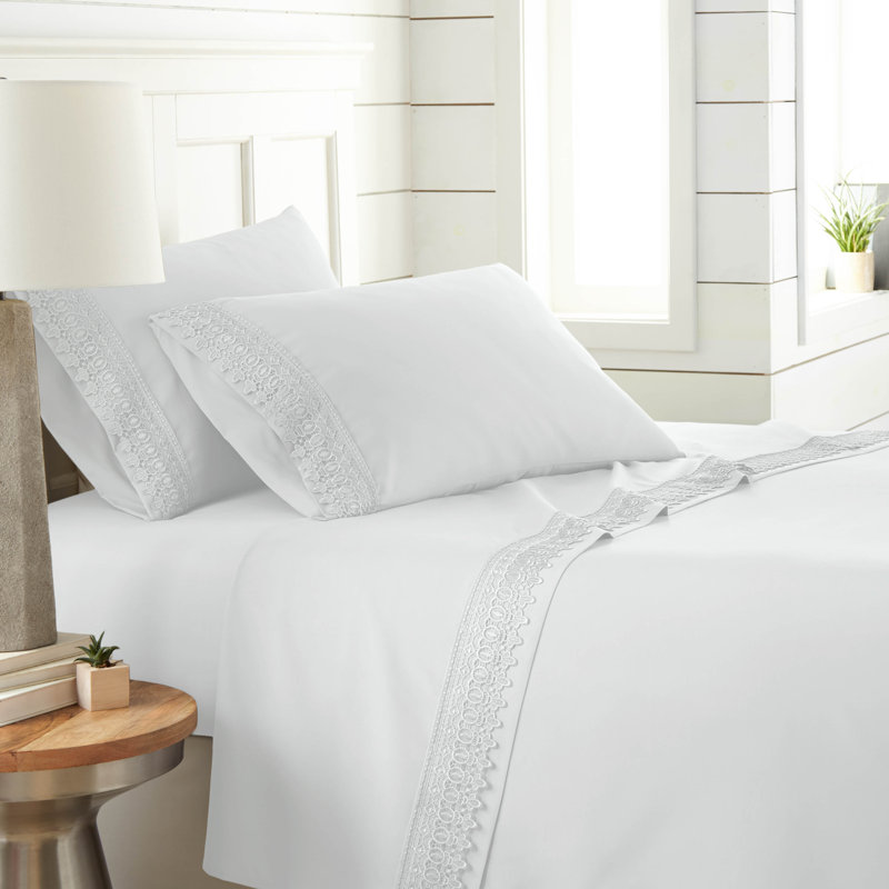 Jaquil Extra Deep Pocket Microfiber Sheet Set with Lace Hem, Queen, White