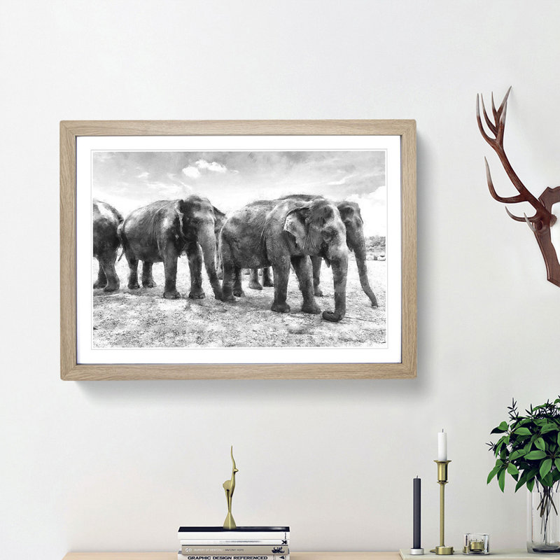 Elephants in Sri Lanka - Framed Print, 33cm H x 45cm W x 2cm D, Oak Framed