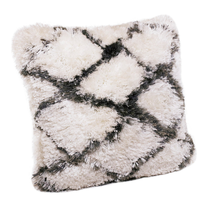 20" White and Black Diamond Shag Throw Pillow