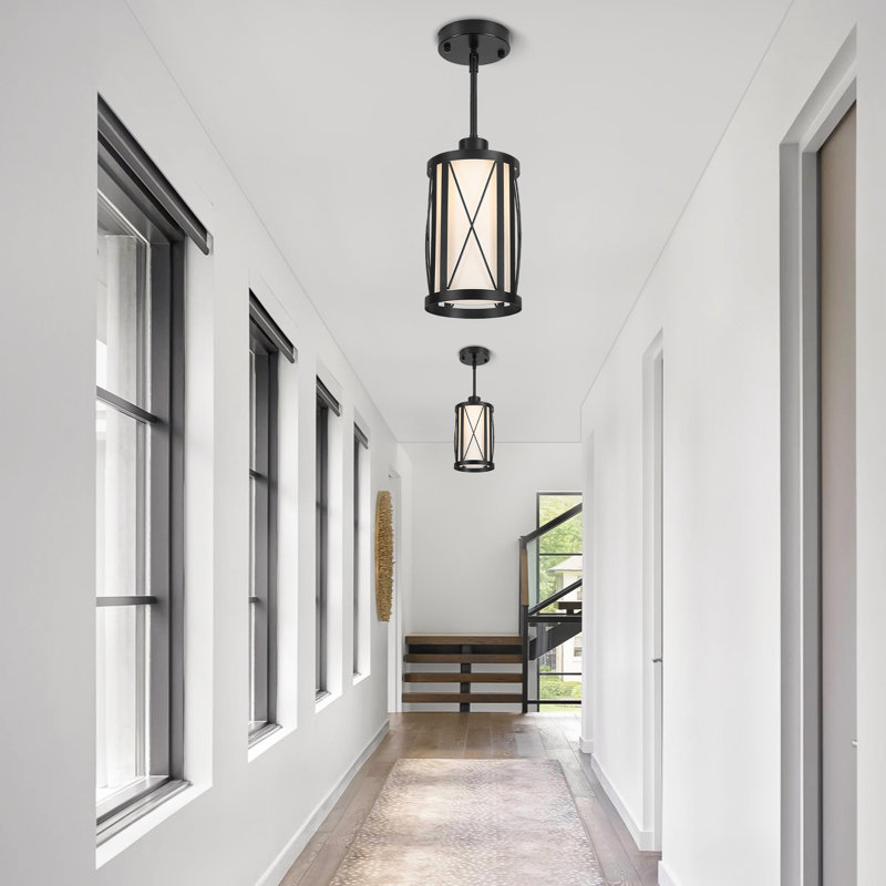 1 - Light Black Modern Drum Pendant Light with White Glass Shade for Kitchen Island
