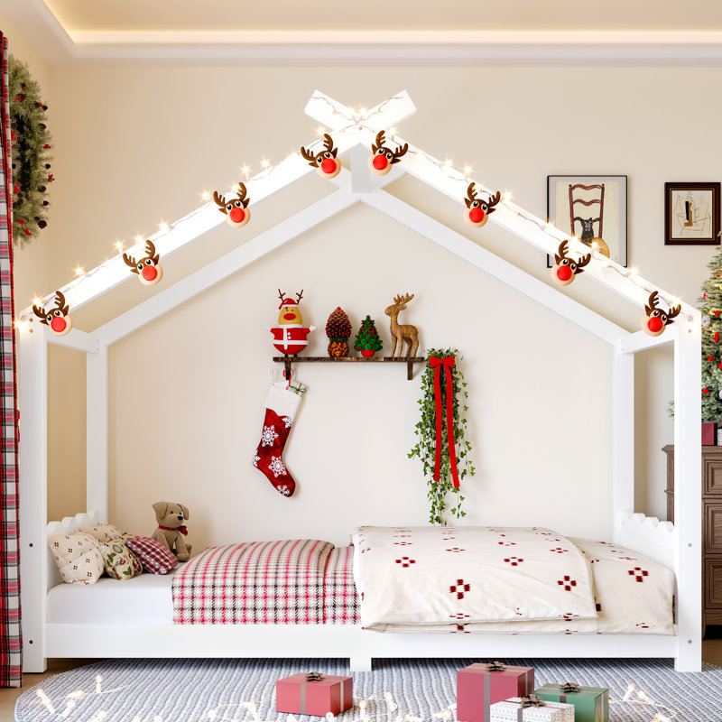 Twin Size Kids House Floor Bed with Solid Wood Frame, Playhouse Design, Support Slats, No Box Spring, White, Twin, White