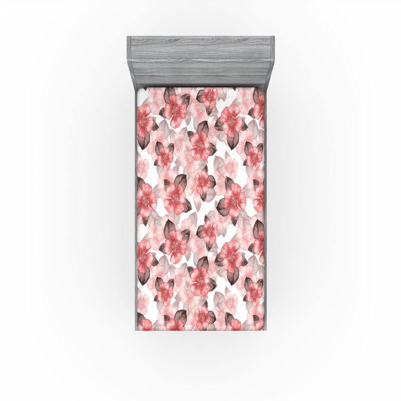 Drap-housse Ambesonne, Drap-housse de taille simple, Corail, mauve foncé, blanc / floral