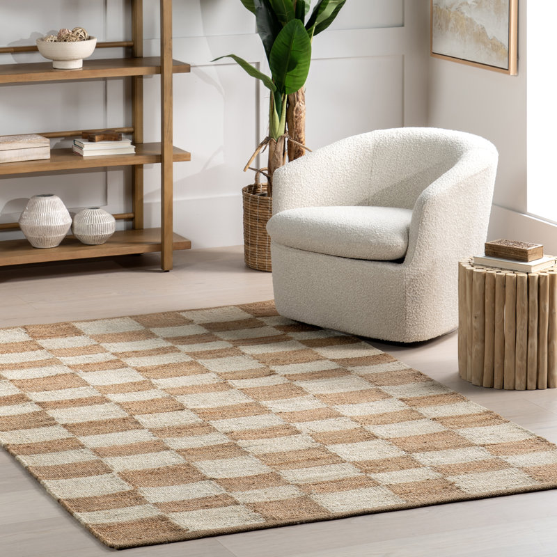 Ivory and Beige Checkered Cotton Jute Rectangular Rug