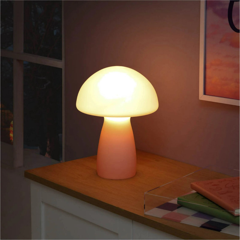 12" Modern Retro Glass Mushroom Table Lamp, Pink, Pink