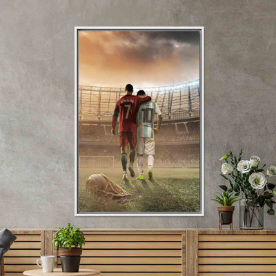 Impression sur toile de football moderne: œuvre de Messi et de Ronaldo, toiles à cadre blanc 1P