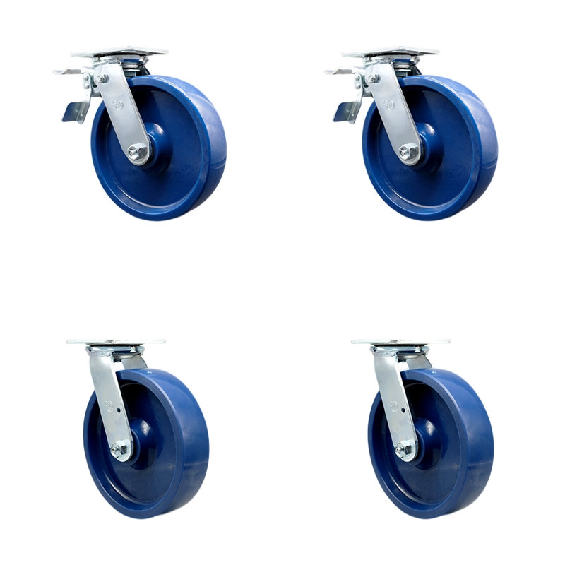 8 Inch Solid Polyurethane Caster Set with Ball Bearings 2 Brake 2 Swivel Lock