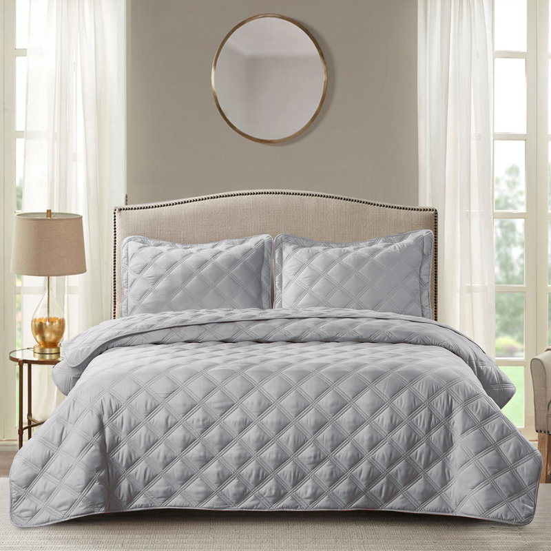 3 Piece Charleston Down Alternative Quilts Set, Ash Gray, King Coverlet + 2 Twin Shams