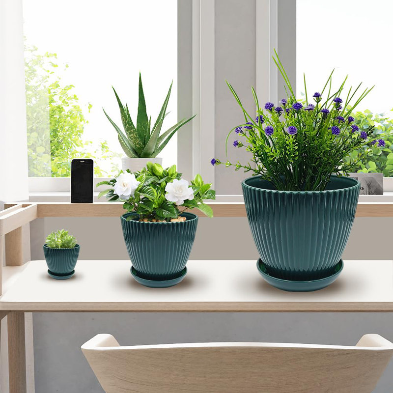 Dark Blue Ribbed Plastic Planter Set with Saucers - 6 Pieces