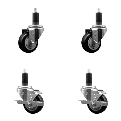 3 Inch SS Poly Wheel Swivel 1-1/4 Inch Expanding Stem Caster Set 2 Brakes SCC