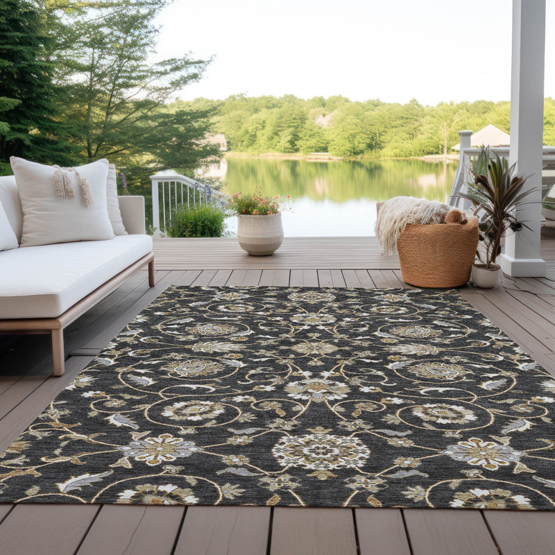 Black and Beige Rectangular Washable Synthetic Rug