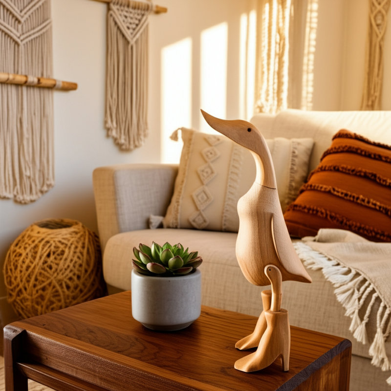 Whimsical Duck Sculpture with Boots for Home Decor – Wooden Bamboo Figurine and Decorative Objects for Kitchen Decor or Office Desk Accessories – Indoor Statues and Decorations for Living Room  – 20"