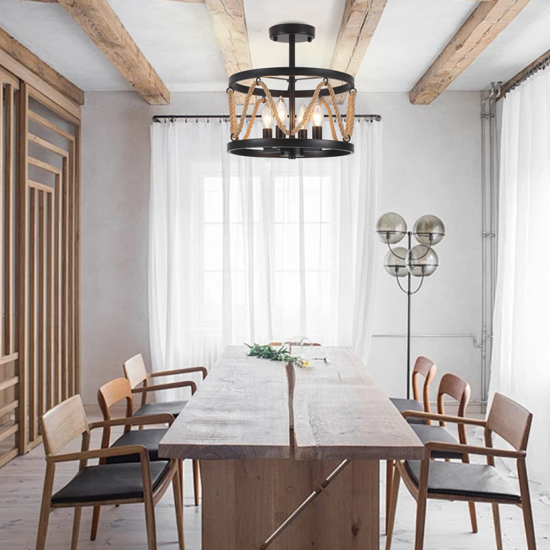 4-Light Hemp Rope Semi Flush Mount 12.6" W Bohemian Ceiling Light Fixture With Cylindrical Metal Frame, Black