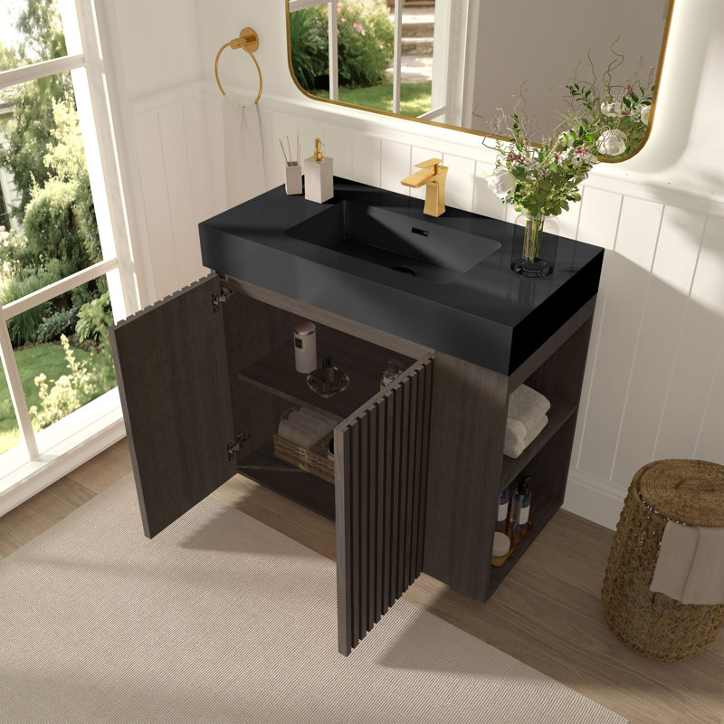 Meuble-lavabo 36 po avec surface solide, Noir/brun foncé, Monotrou