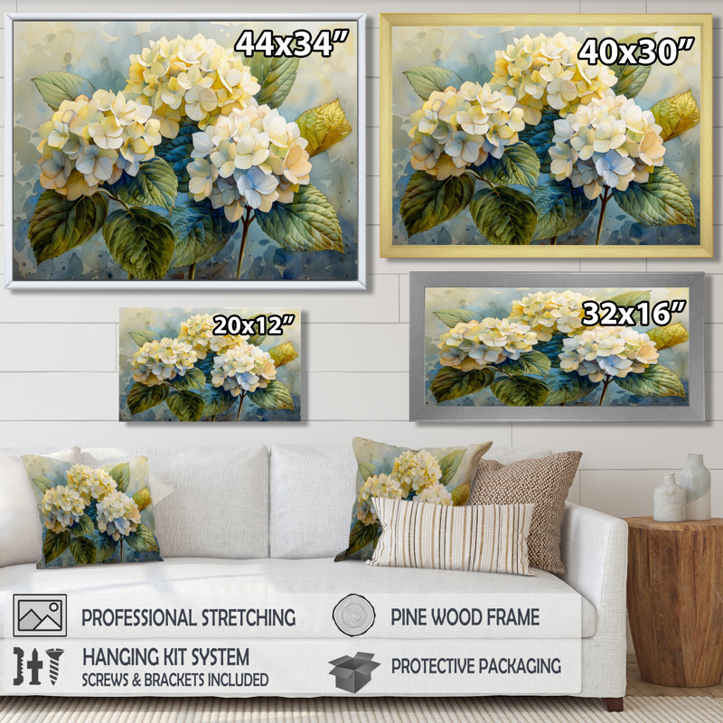 Impression d'art mural jaune et bleu «Garden of Life» - Hortensia, Cadre flottant doré, H 24 po x l 32 po