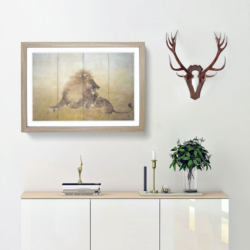 Lion by Takeuchi Seiho - Picture Frame Painting Print, 36cm H x 48cm W x 2cm D, Oak Framed