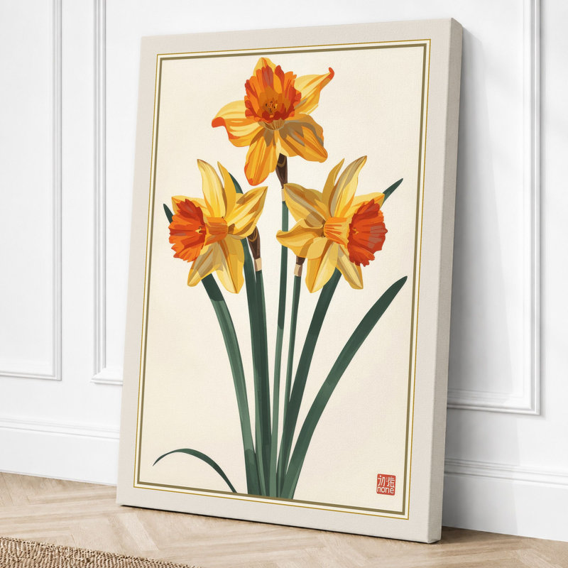 Daffodil Study Botanical - Wrapped Canvas, 36x24 - 91.4 x 61.0 cm, Cream Border