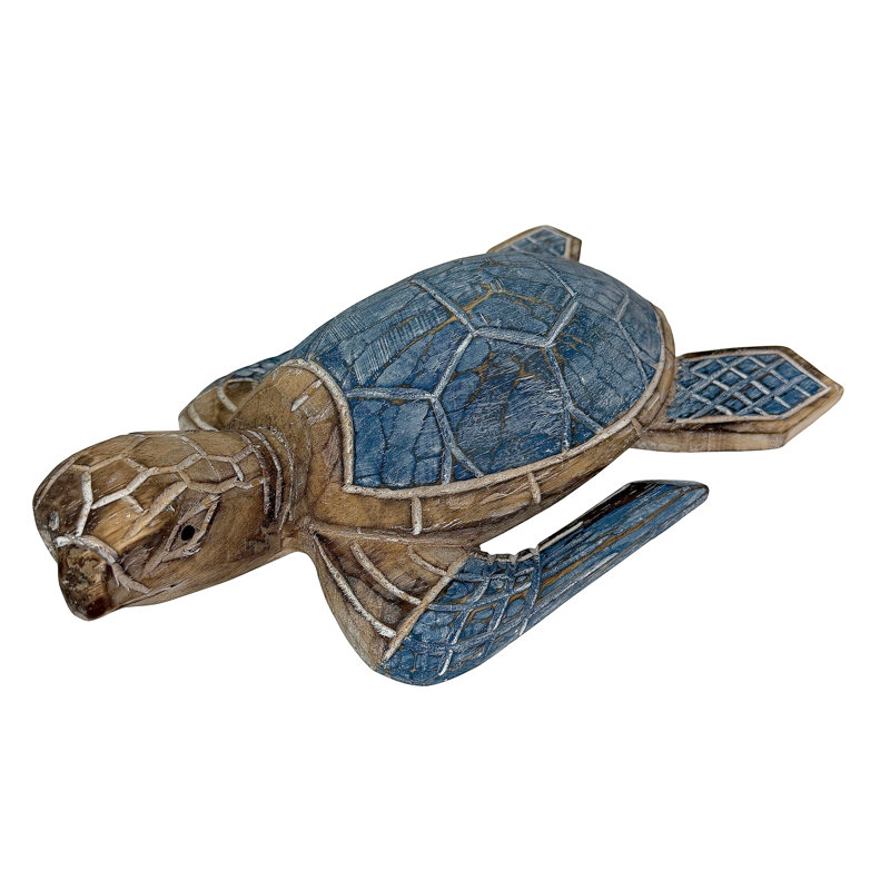 Figurine décorative de tortue marine en bois bleu côtier, avec détails sculptés blanchis à la chaux, 30 cm de large