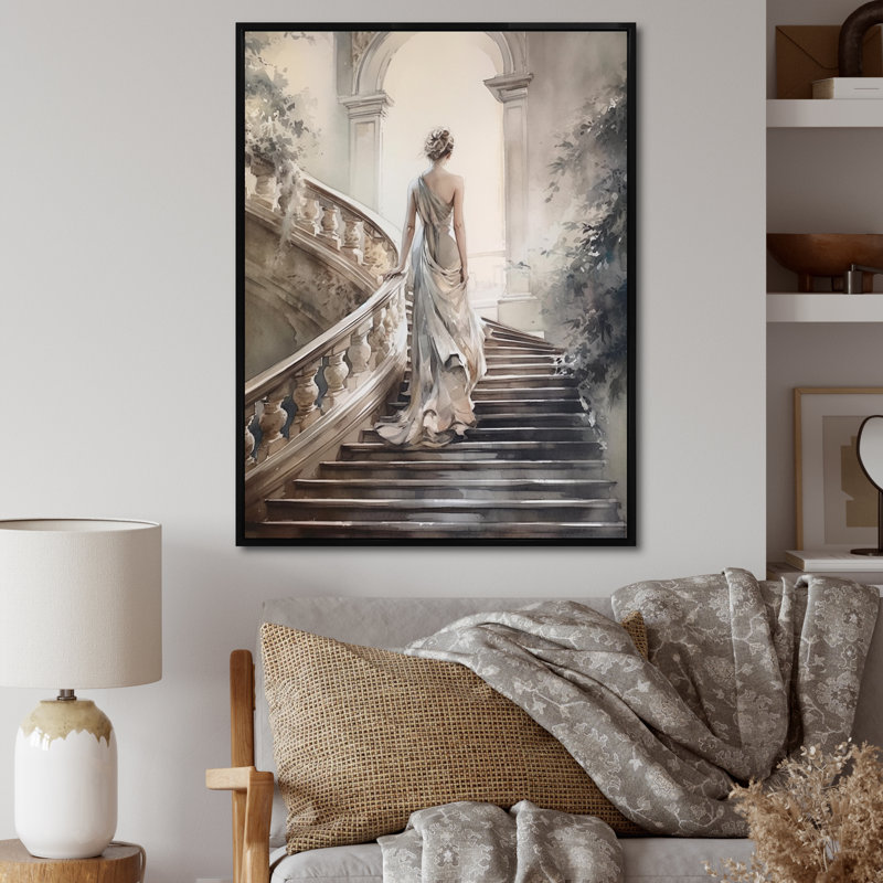 «Stunning Girl By The Stairs II», art romantique sur toile, H 44 po x l 34 po x P 1,5 po, Cadre flottant noir