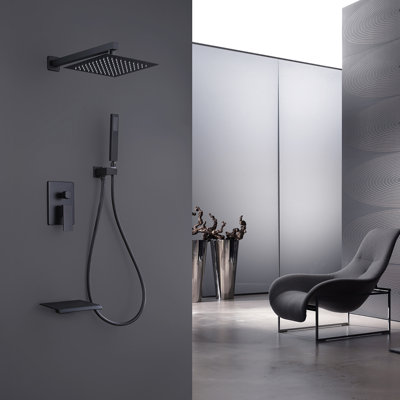 Système de douche mural noir mat avec douchette de baignoire Pomme de douche carrée à jet de pluie de 10 pouces Douchette de douche à jet de luxe Ensemble de douche à trois fonctions