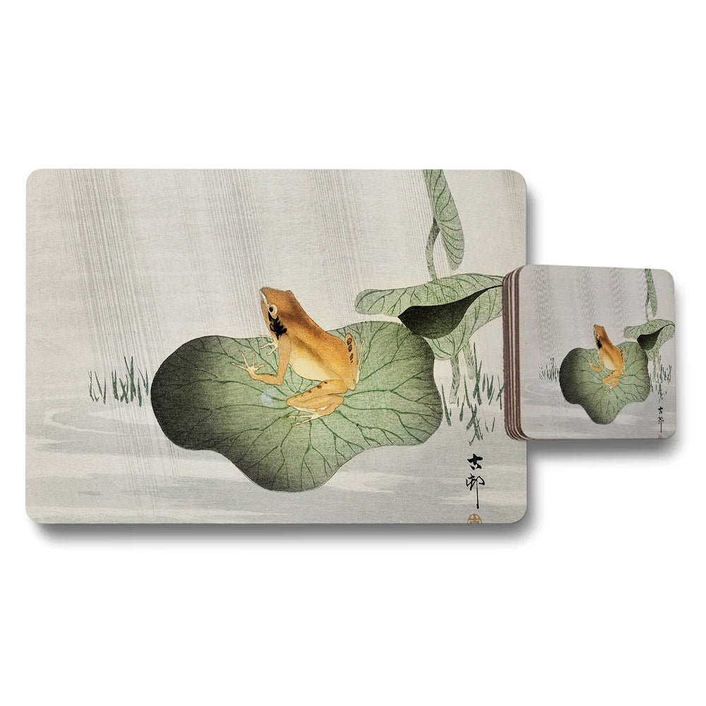 Frog On Lily Pad Placemat And Coaster Set With Japanese Style Artwork