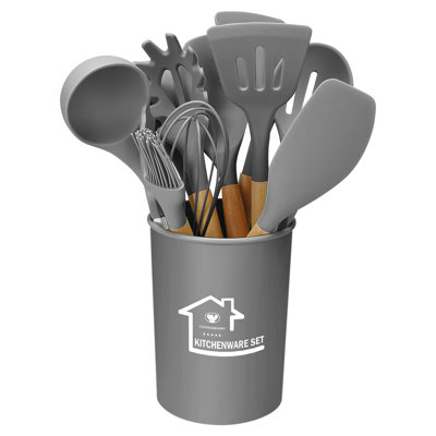 Ensemble 11 pièces d'ustensiles de cuisine en silicone avec poignées en bois - Résistant à la chaleur, anti-rayures, sans BPA - Comprend un support pour un rangement facile